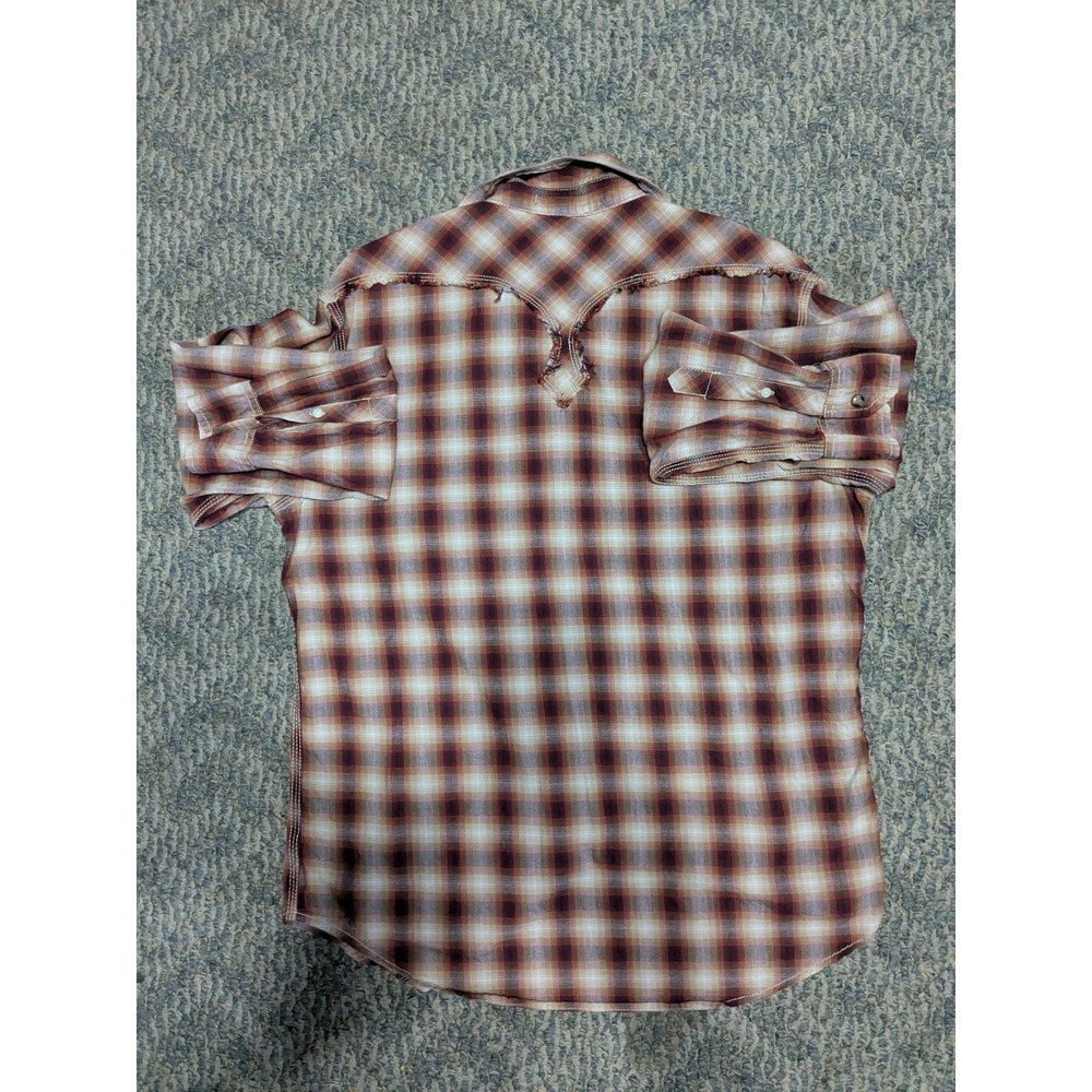 Arizona Jean Company Mens Western Plaid Snap Button Shirt Burgundy Tan Medium - Picture 2 of 6